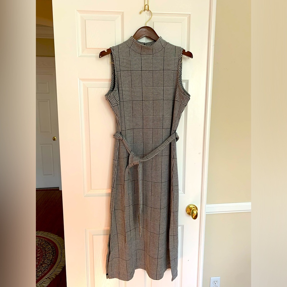 Banana Republic Shift Dress: Black/White Plaid Stretchy, Stand Collar, Slits 12